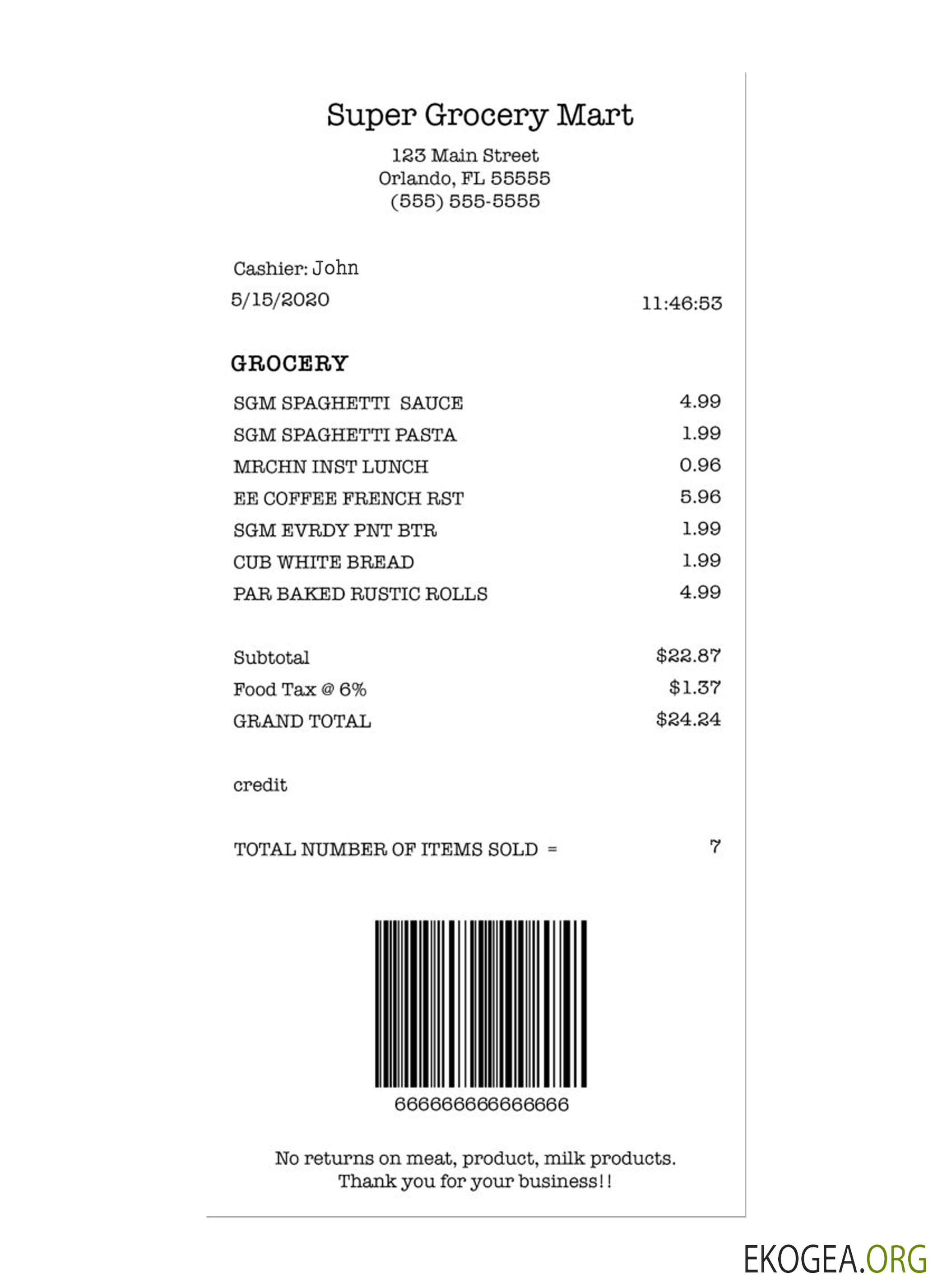 Chèque de paiement SUPER GROCERY MART